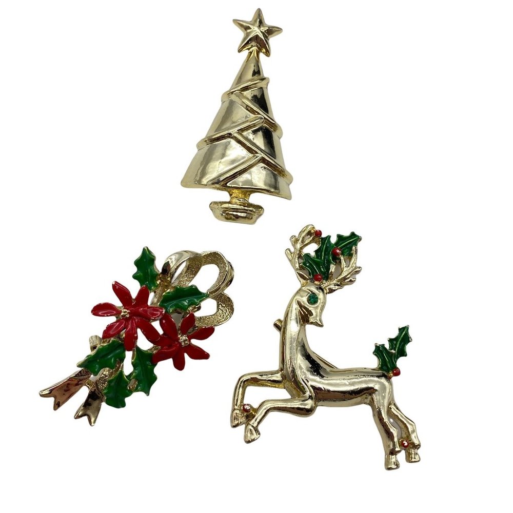 Christmas Brooches pins lot Gerrys‎ Gold tone poinsettia Christmas tree Reindeer
